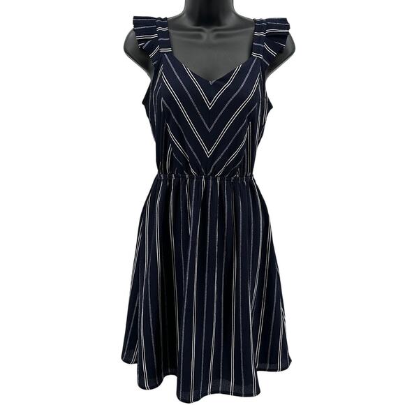 Monteau Mini Dress Womens S Dark Blue White Striped A-Line Flutter Sleeve Lined - Picture 1 of 6
